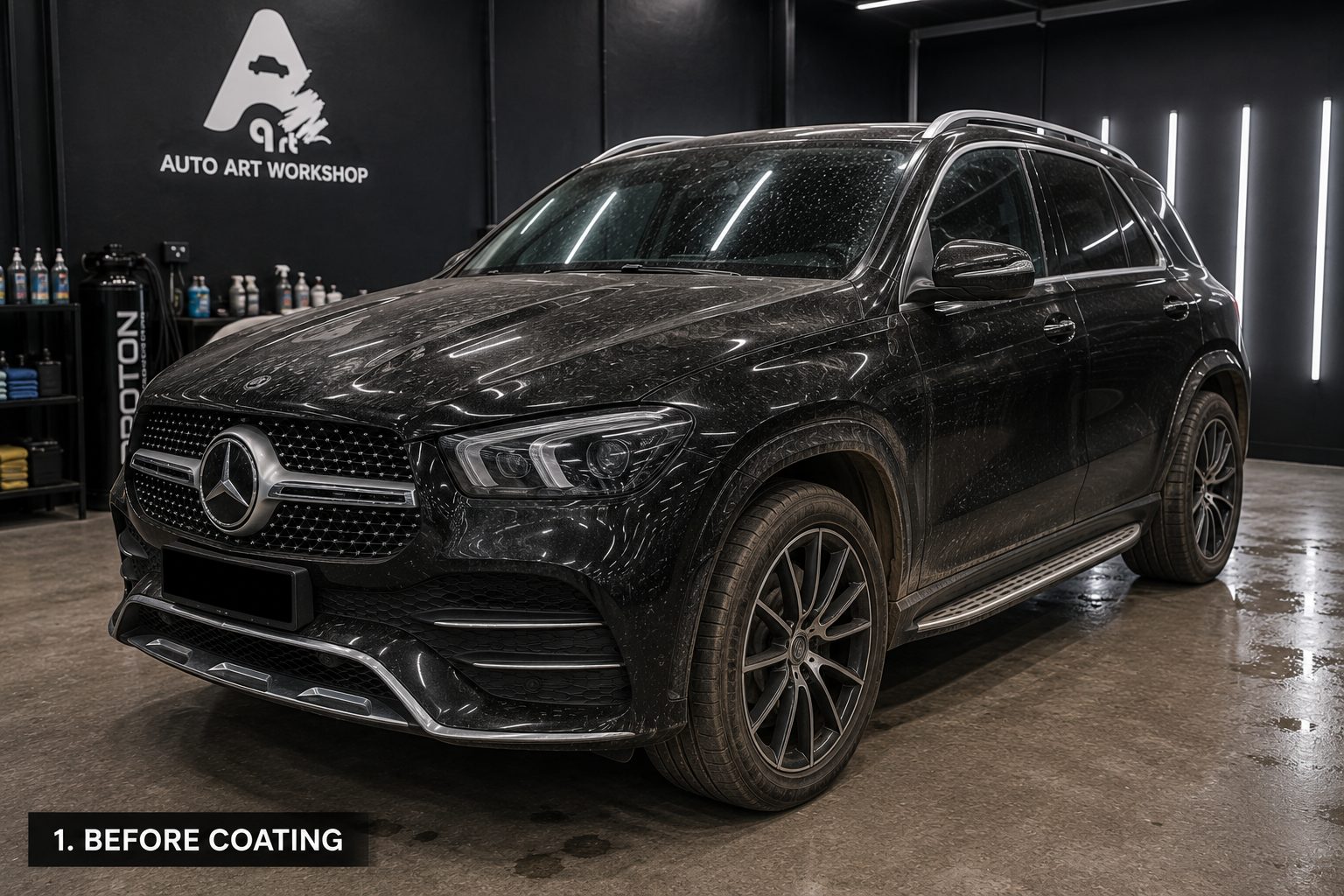 Black Mercedes-Benz GLE before ceramic coating at Art Auto Care Nilai